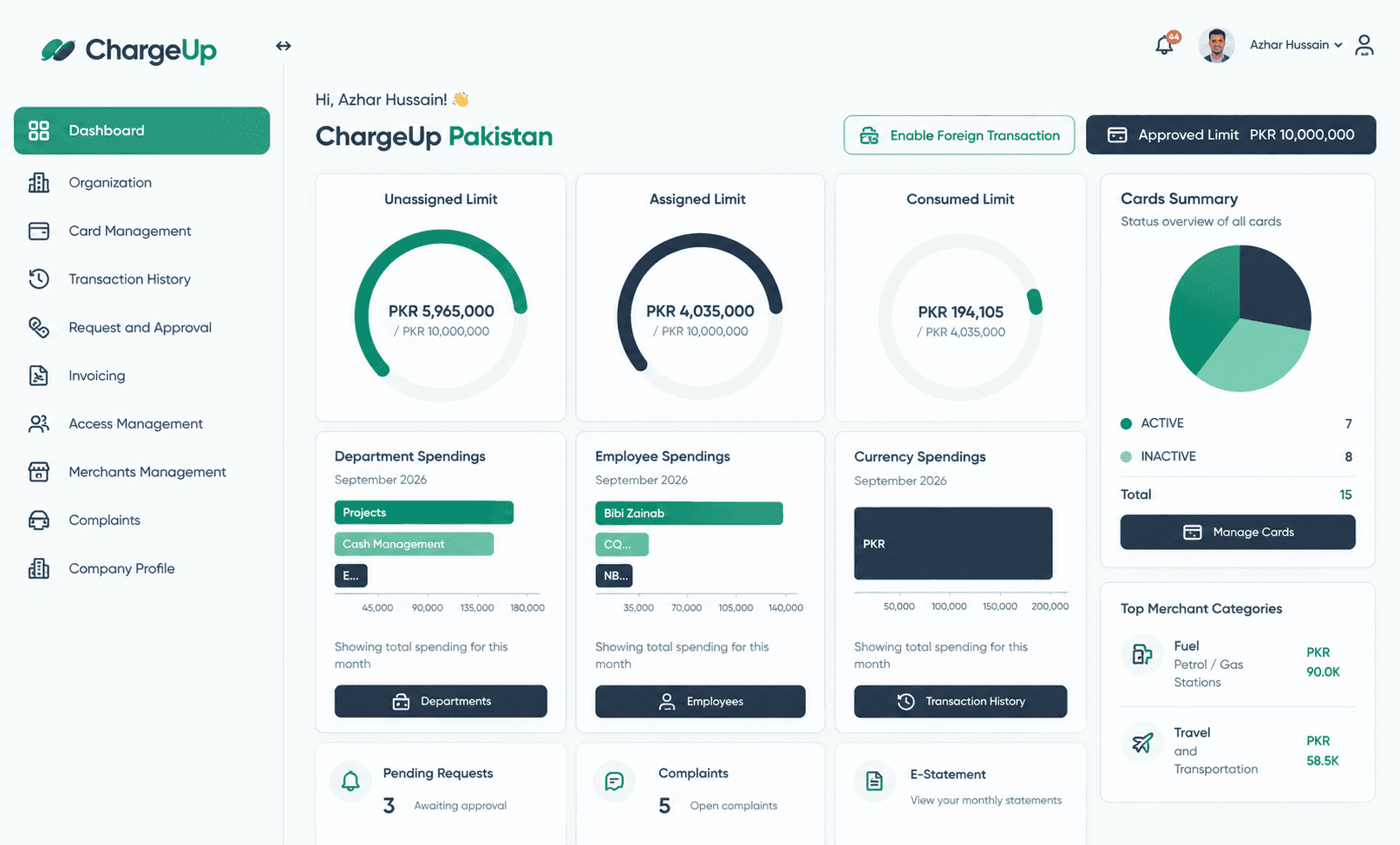 ChargeUp management dashboard